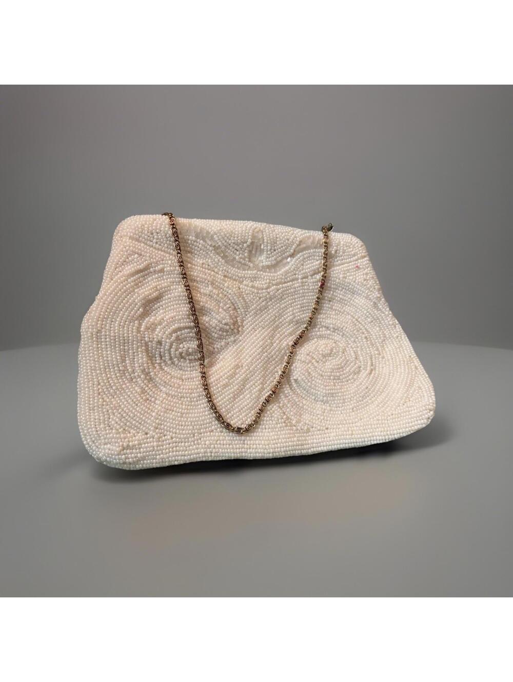 Beautiful Unique Hand Beaded Vintage Handbag With Short Gold Toned Chain Handle